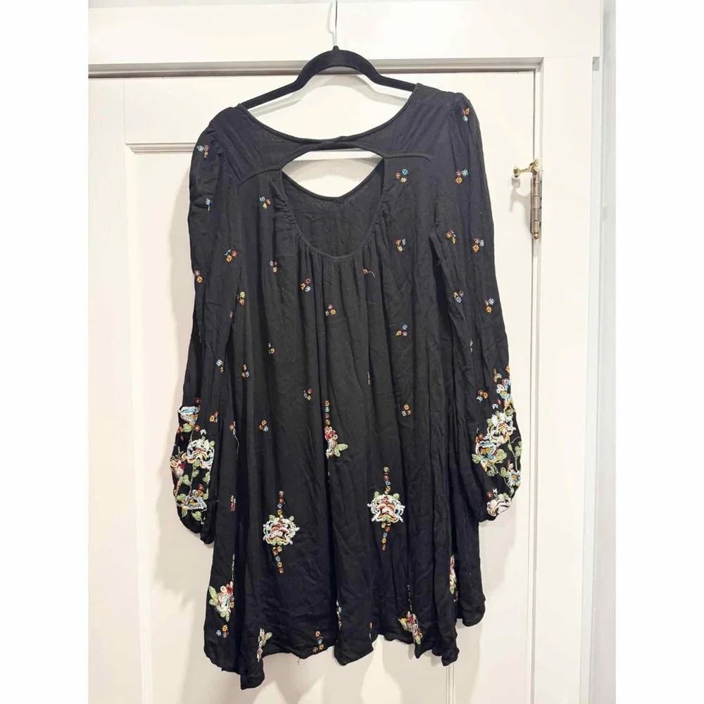 Free People Oxford Black Embroidered Swing Dress Large Boho Festival Coachella - Picture 7 of 15